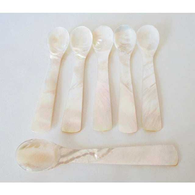 1970s Mother of Pearl Hand-Honed and Carved Individual, Caviar Serving Spoons -Set of 6 For Sale - Image 12 of 14
