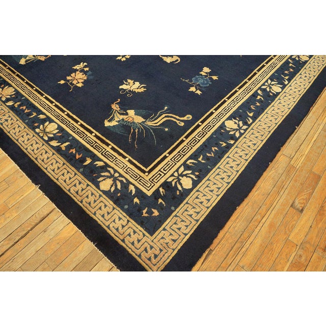 1890s Blue Ground Scattered Floral Sprays Antique Chinese Peking Knotted Rug For Sale - Image 11 of 11