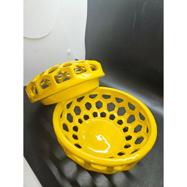Vintage 90's Reticulated Honey Comb Inspired Handcrafted Ceramic Covered Bowl For Sale - Image 4 of 5