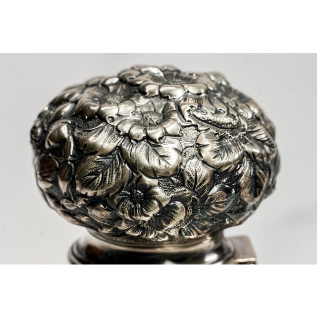 Late 19th Century Magnificent Antique Victorian Sterling Silver Repoussé Floral & Swirl Crystal Desk Paperweight Inkwell Luxury Home Decor For Sale - Image 5 of 14