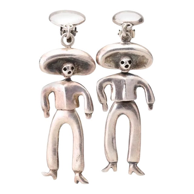 Vintage Mexico Emilia Castillo 950 Silver 'Day of Dead Cowboy' Dangle Earrings - 2 Pieces For Sale