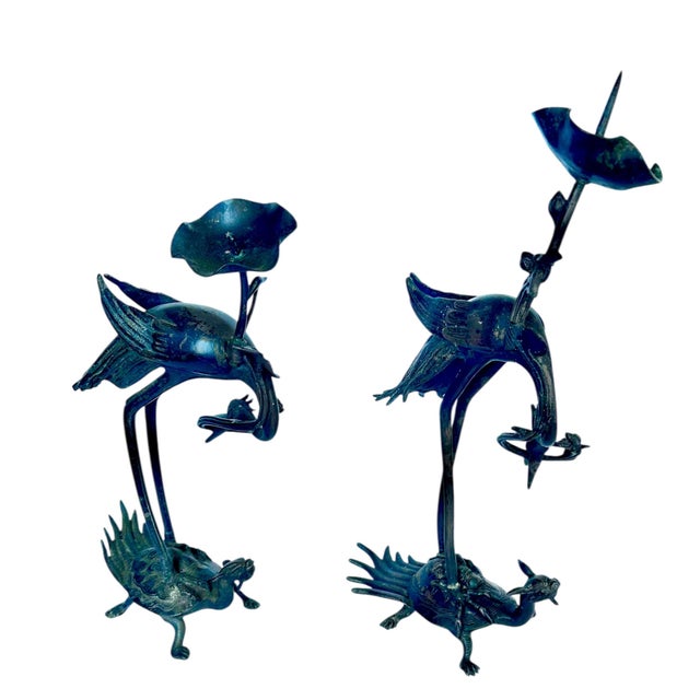 Japanese Meiji Early 20th Century Japanese Shokudai Bronze Candlestick Antique Metal Crane Bird Tortoise Animal Lotus For Sale - Image 3 of 8