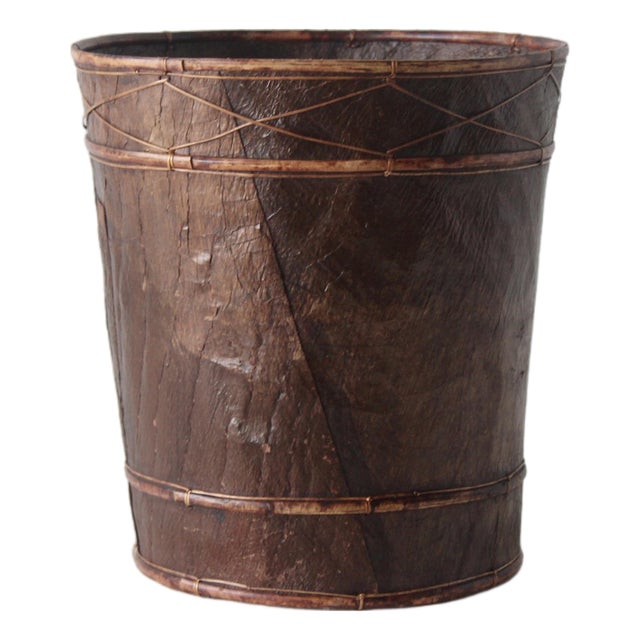 Vintage Handcrafted Burnt "Tortoise" Shell Bamboo Paper Wastebasket. For Sale