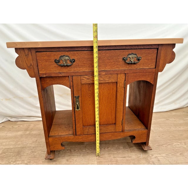 Antique Mission Oak Kitchen Island Cabinet Prep Station Chop Top Open Side Shelf For Sale - Image 9 of 12
