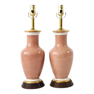 Restored Pair of Vintage Pink Porcelain Table Lamps in the Style of Lenox With Gold Metallic Detailing - New Cords and Sockets For Sale