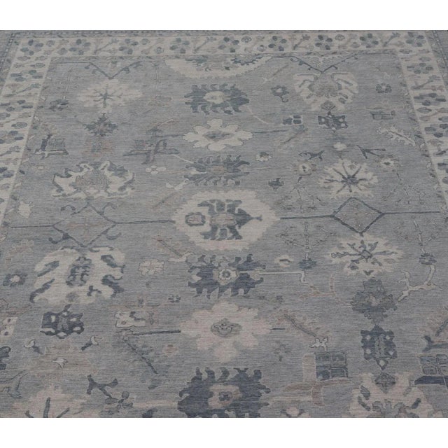 Large Modern Oushak With Floral Motifs With Cream Grey Blue and Powder Blue For Sale In Atlanta - Image 6 of 12