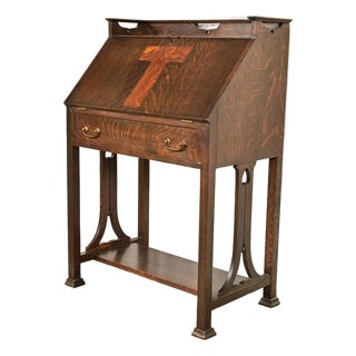 Stickley Brothers Style Antique Mission Oak Arts & Crafts Drop Front Secretary Desk With Inlaid Marquetry, Circa 1910 For Sale
