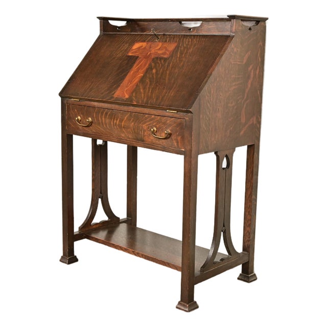 Stickley Brothers Style Antique Mission Oak Arts & Crafts Drop Front Secretary Desk With Inlaid Marquetry, Circa 1910 For Sale