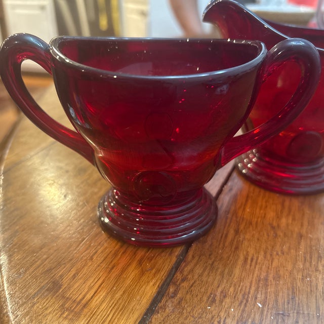 Art Deco 1930s New Martinsville Moondrops Ruby Cream and Sugar For Sale - Image 3 of 4