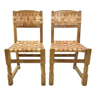 1970s Brutalist Boho Chic Mexican Ceruse Oak & Leather Strap Dining Chairs - A Pair. For Sale
