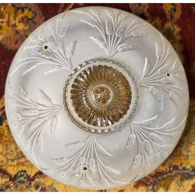 Transparent Vintage Frosted Glass Flush Mount Ceiling Light Shade With Prismatic Center – Etched Botanical Motif, 10” For Sale - Image 8 of 14