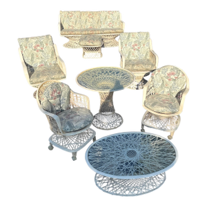 Mid Century Modern Woodard Spun Fiberglass White Patio Set Garden Furniture With Cushions - 8 Pieces