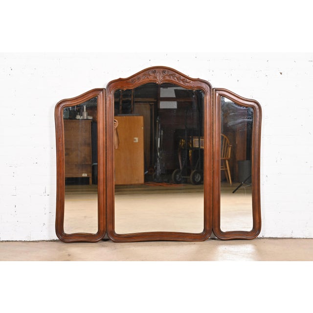 White Furniture French Provincial Louis XV Carved Cherry Wood Triple Mirror, Circa 1960s For Sale - Image 13 of 13