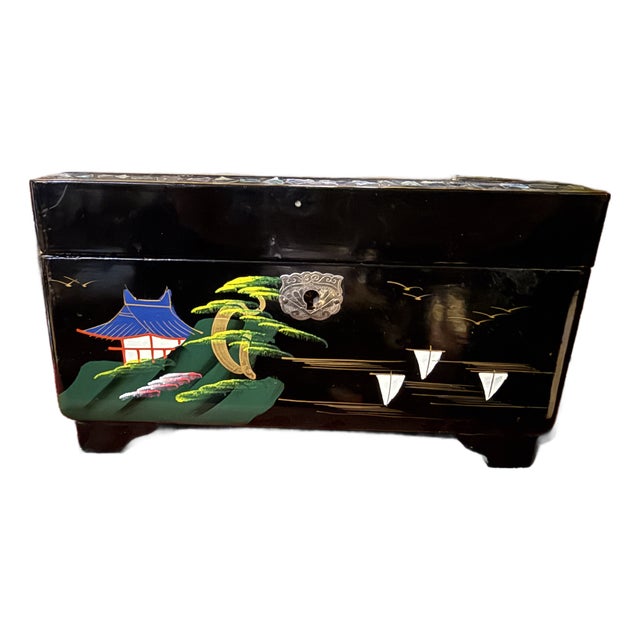 Mid 20th Century Japanese Black Lacquer Mount Fuji Music Box With Inlaid Mother-of-Pearl For Sale
