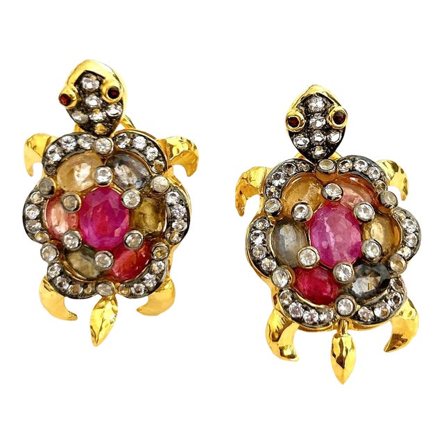 Bochic “Orient” Ruby & Sapphires Turtle Earrings Set 18k Gold & Silver - 2 Pieces For Sale