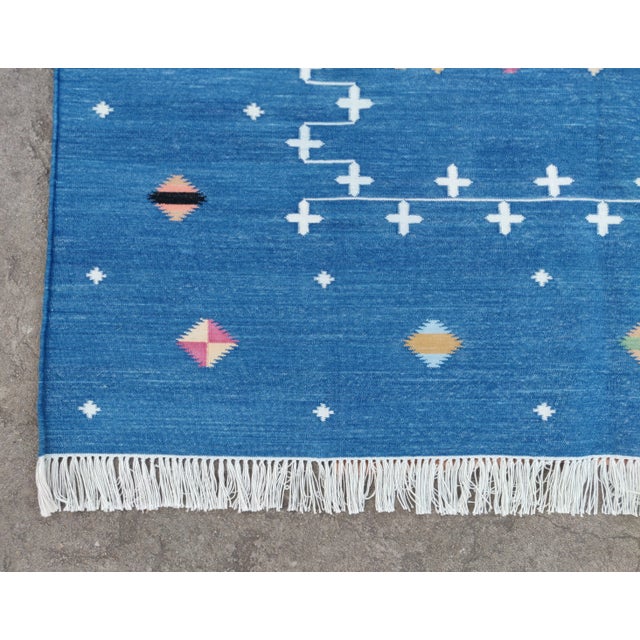 Handmade Reversible Cotton Vegetable Dyed Denim Blue Shooting Star Rug-12'x15' For Sale - Image 10 of 11