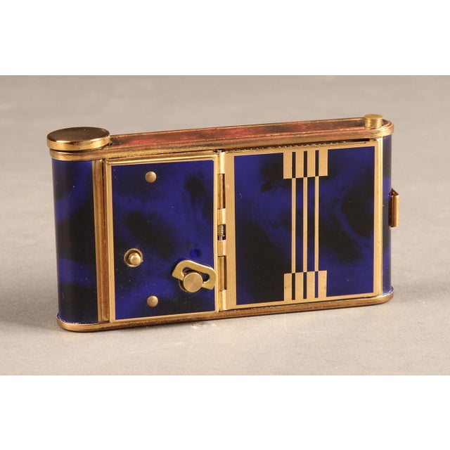 Art Deco Circa 1920 Blue Enamel Musical Ladies Compact, Mechanical Music Box Playing “The Blue Danube” For Sale - Image 3 of 5