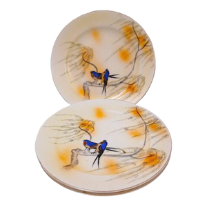 1920s 3 Pc Saucers Antique Nippon Porcelain Blue Sparrow Willow Japan Hand Painted