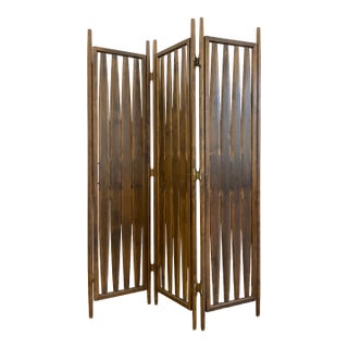 Vintage Walnut Three Panel Geometric Room Divider. For Sale