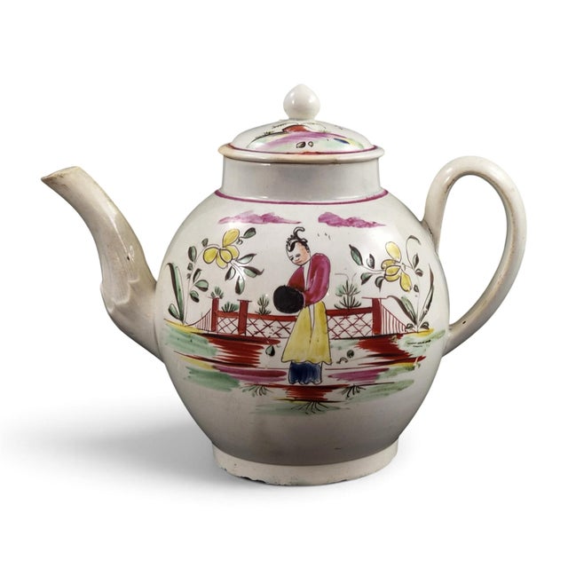 Antique English Polychrome Chinoiserie Creamware Teapot, 1700s For Sale - Image 16 of 16