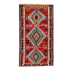 1960s Vintage Red White Blue Tribal Turkish Kilim Area Rug