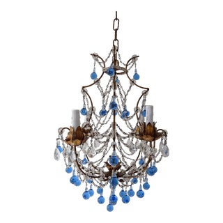 French Blue Murano Balls Beaded Swags Chandelier, Circa 1920 For Sale