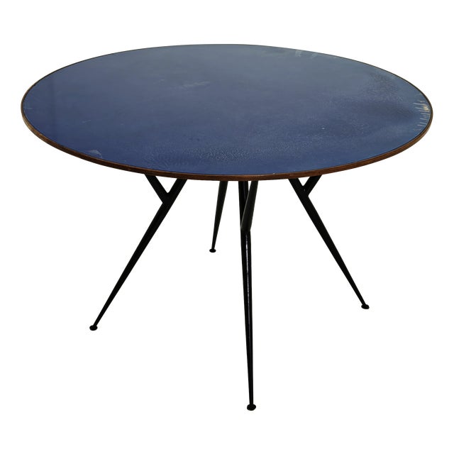 Round Table in Blue Glass, Wood and Black Metal, Italy, 1950s For Sale