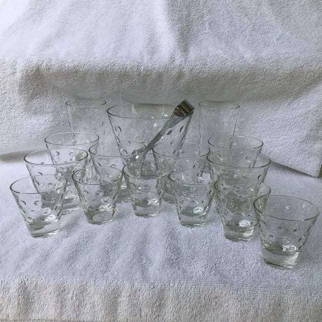 Hazel Atlas Clear Dots Glass Ice Bucket With Tongs, 3 Tumblers,6 Rocks, and 6 Shot Glasses-Set of 17 For Sale - Image 13 of 13