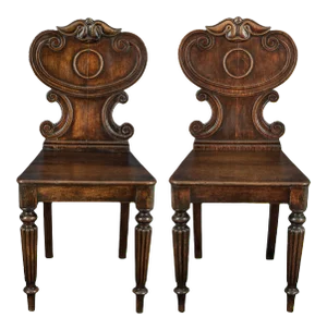 1820s Fully Restored English Regency Period Oak Hall Chairs - a Pair