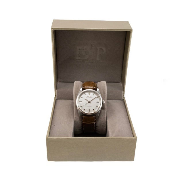 Metal Vintage Rolex Oyster Perpetual 34mm 1002 Silver Dial Stainless Steel Watch For Sale - Image 7 of 8