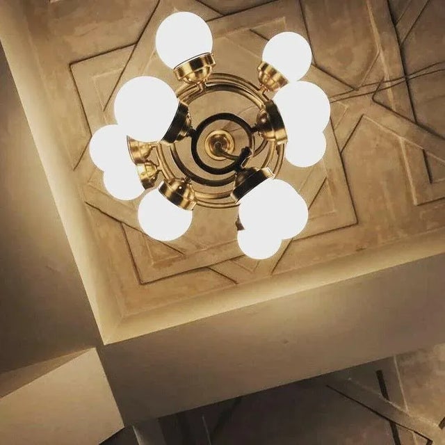 Art Deco Vintage 1940s Art Deco Ceiling Brass Hanging Chandelier 12 Light Milk Glass Shade Lamp For Sale - Image 3 of 5