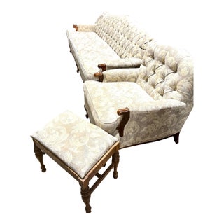 French Provincial Style Tufted Sofa, Chair and Footstool For Sale