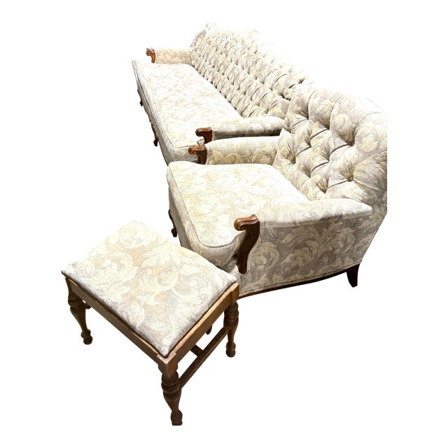 French Provincial Style Tufted Sofa, Chair and Footstool For Sale