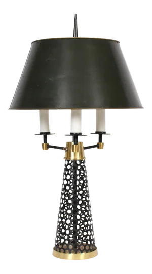 Tony Paul Style Pierced Black Cone, Brass & White Triple Candlestick Table Lamp