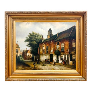 Large Scale Mid-Century Dutch Street Scene Oil on Canvas Painting After Willem Koekkoek For Sale