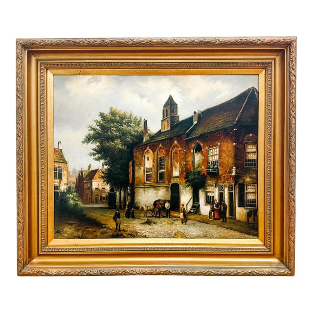Large Scale Mid-Century Dutch Street Scene Oil on Canvas Painting After Willem Koekkoek For Sale