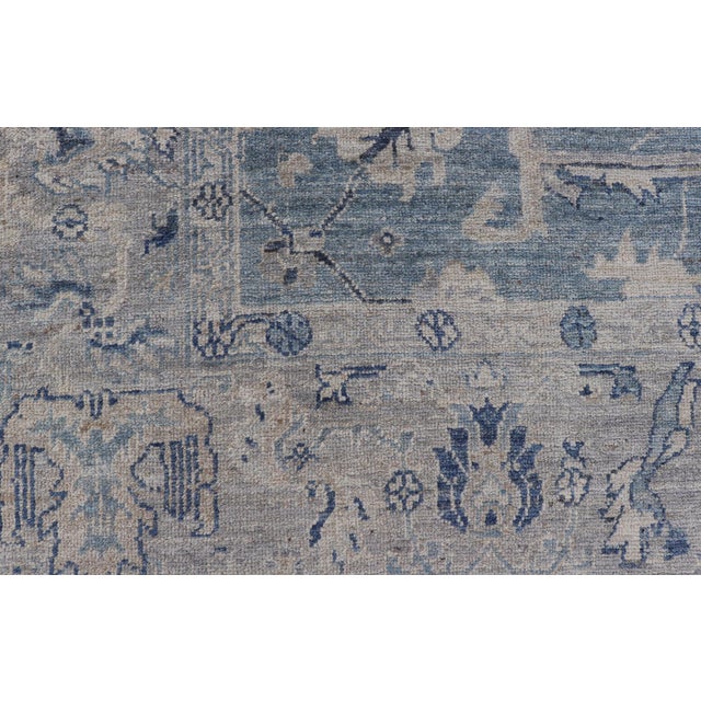 Turkish Angora Oushak Rug in Dusty Blue Background and Silver Border 9'2 X 11'7 For Sale In Atlanta - Image 6 of 11