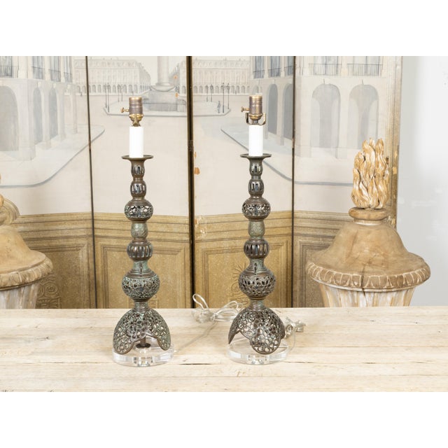 Mid 20th Century Pair of Asian Mid-Century Bronze Table Lamps with Openwork Decor and LuciteBases For Sale - Image 5 of 9