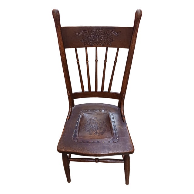 Antique American Pressed Back Oak Dining Chair With Embossed Leather Seat For Sale