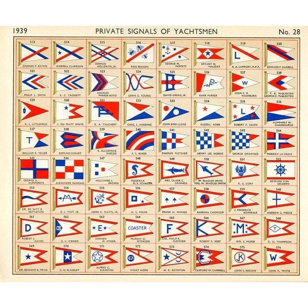 Original sailing lithograph featuring the flags of American yacht owners from a 1930s guide to yachts and their owners....