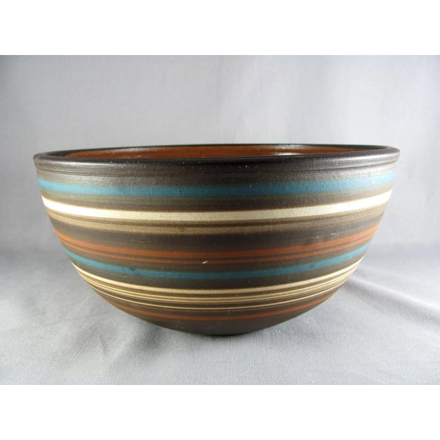 1970s Israel Rina Peleg Style Blue & Brown Striped Studio Art Pottery Salad Bowl For Sale - Image 6 of 11