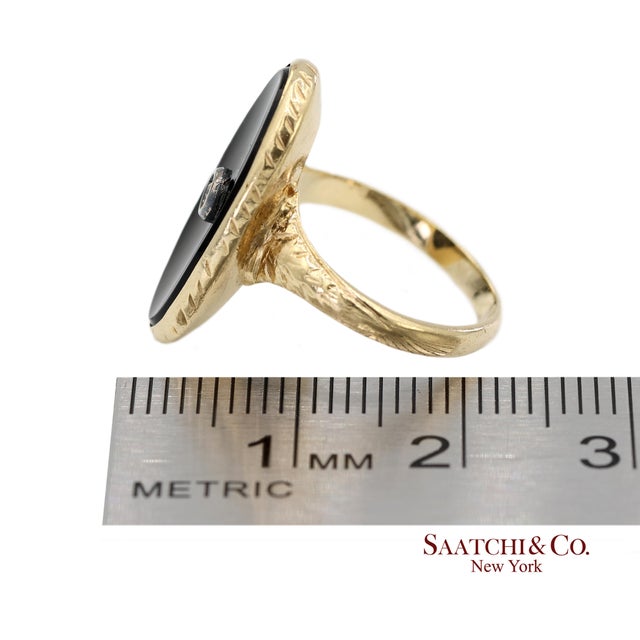 14k Solid Yellow Gold Oval Black Onyx and Diamond Ring, Size 4.5 For Sale - Image 11 of 12