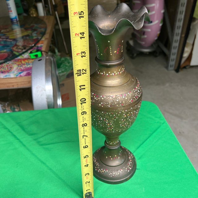 1970s Large Brass Hand Painted Design Vase For Sale - Image 9 of 10