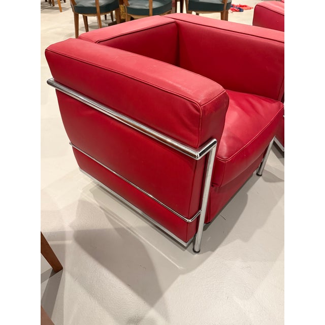 Metal Chrome and Red Leather Club Chairs in the Style of Le Corbusier - A Pair For Sale - Image 7 of 14