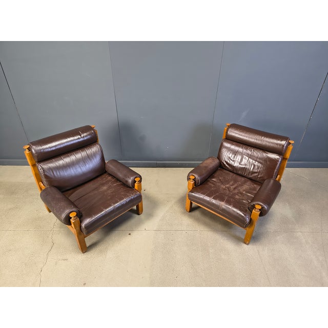 Vintage Rustic Brown Leather and Oak Lounge Chairs, 1960s, Set of 2 For Sale - Image 9 of 12