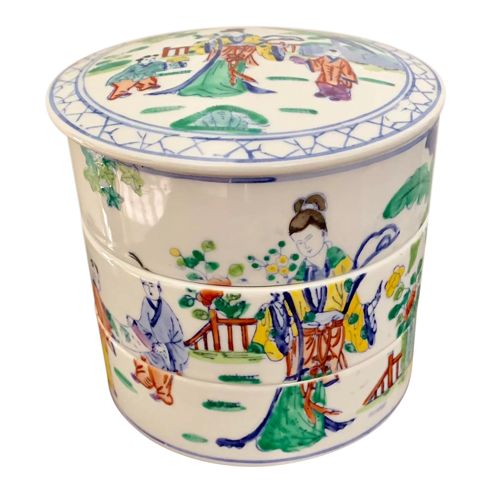 Vintage Chinoiserie Hand-Painted Stacking Porcelain Box - Made in Macao ...