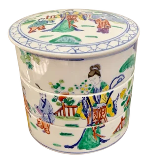 Vintage Chinoiserie Hand-Painted Stacking Porcelain Box - Made in Macao
