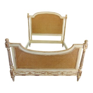 French Louis XV Style Cream Painted & Caned Queen Size Bed For Sale