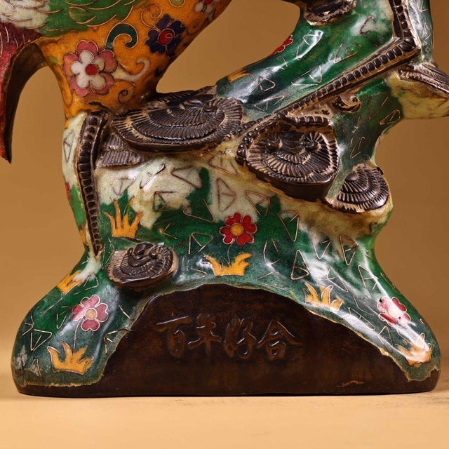 Late 19th Century Cloisonné Enamel Double Crane Figurine, 3100g, Gilt Bronze For Sale In Los Angeles - Image 6 of 9