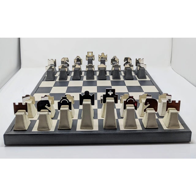 Regency Italian Renzo Romagnoli Leather and Chrome Black and Cream Chess Set For Sale - Image 9 of 12